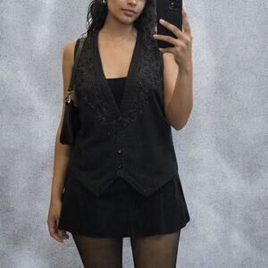 Vintage Talbots Black Beaded Lace Wool V-Neck Vest Size Large